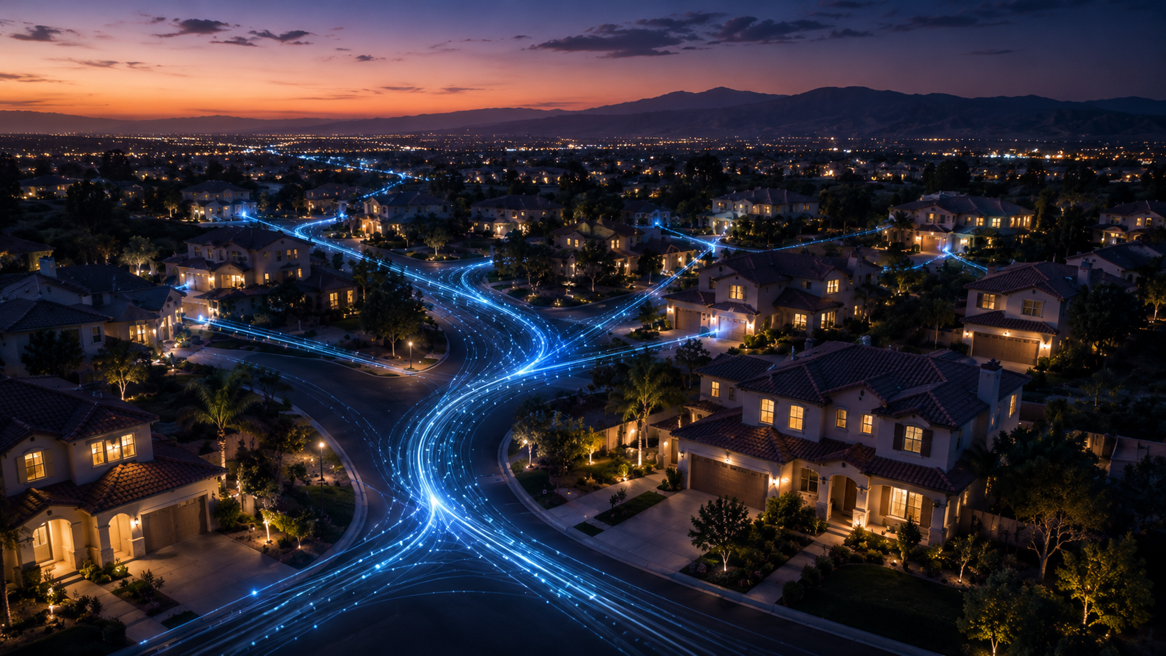 Aerial view of suburban neighborhood with glowing blue data streams connecting homes
