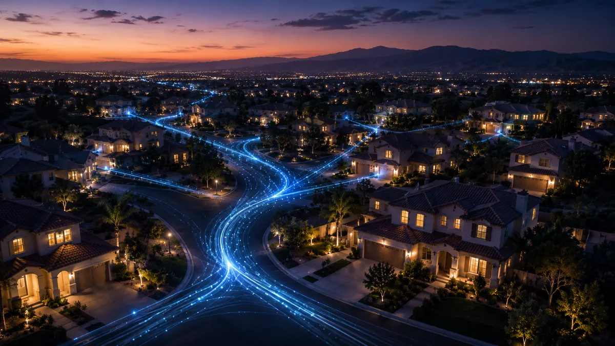 Aerial view of suburban neighborhood with glowing blue data streams connecting homes